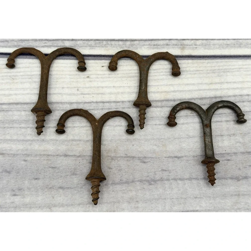 LOT OF 4 ANTIQUE SALVAGED CAST IRON SCREW IN DOUBLE HOOKS